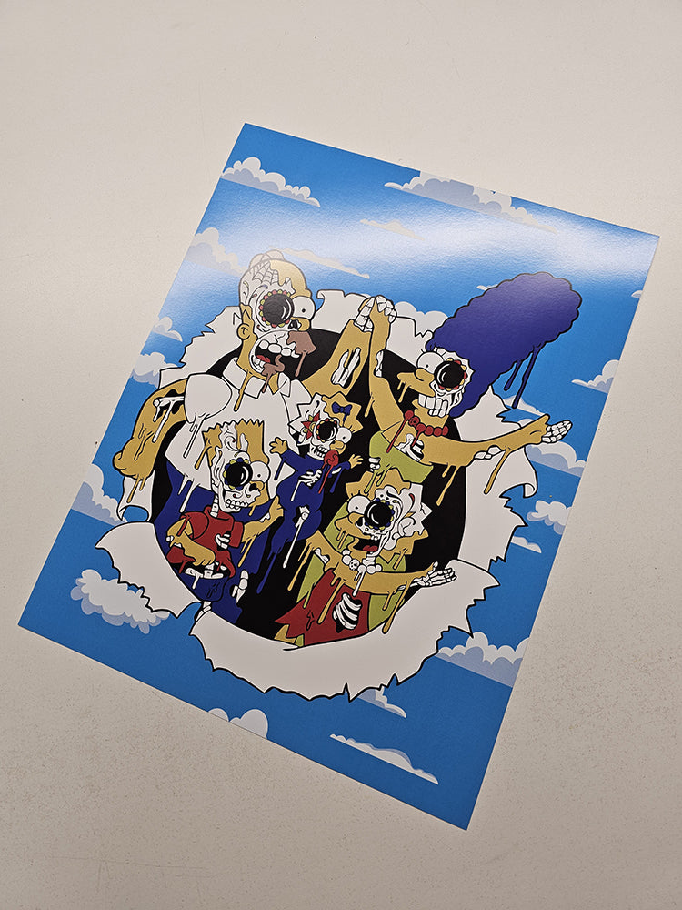 An 11x14 inch art print of the Simpsons in Dia de los muertos/Day of the Dead skulls theme