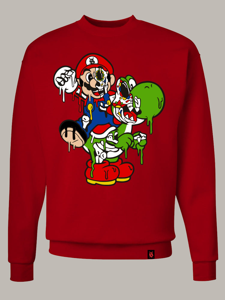 A Red sweater with Mario and Yoshi day of the dead skull drip art graphic on the front