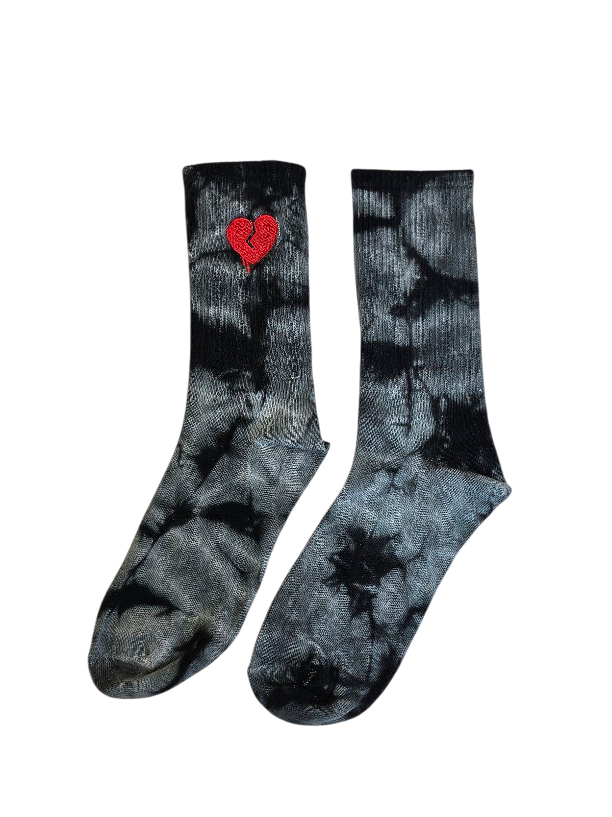 Black and gray tie-dye socks with a red heart on a white background