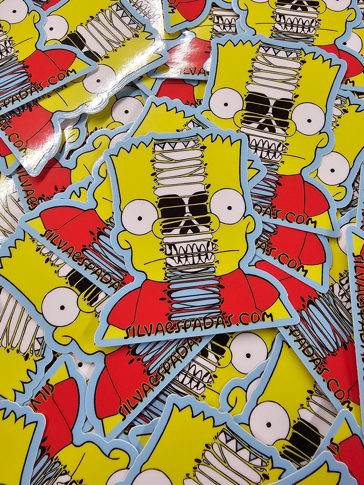 die-cut stickers featuring the character Bart Simpson with a split skull design, indicating multiple images of Bart on a single sticker.