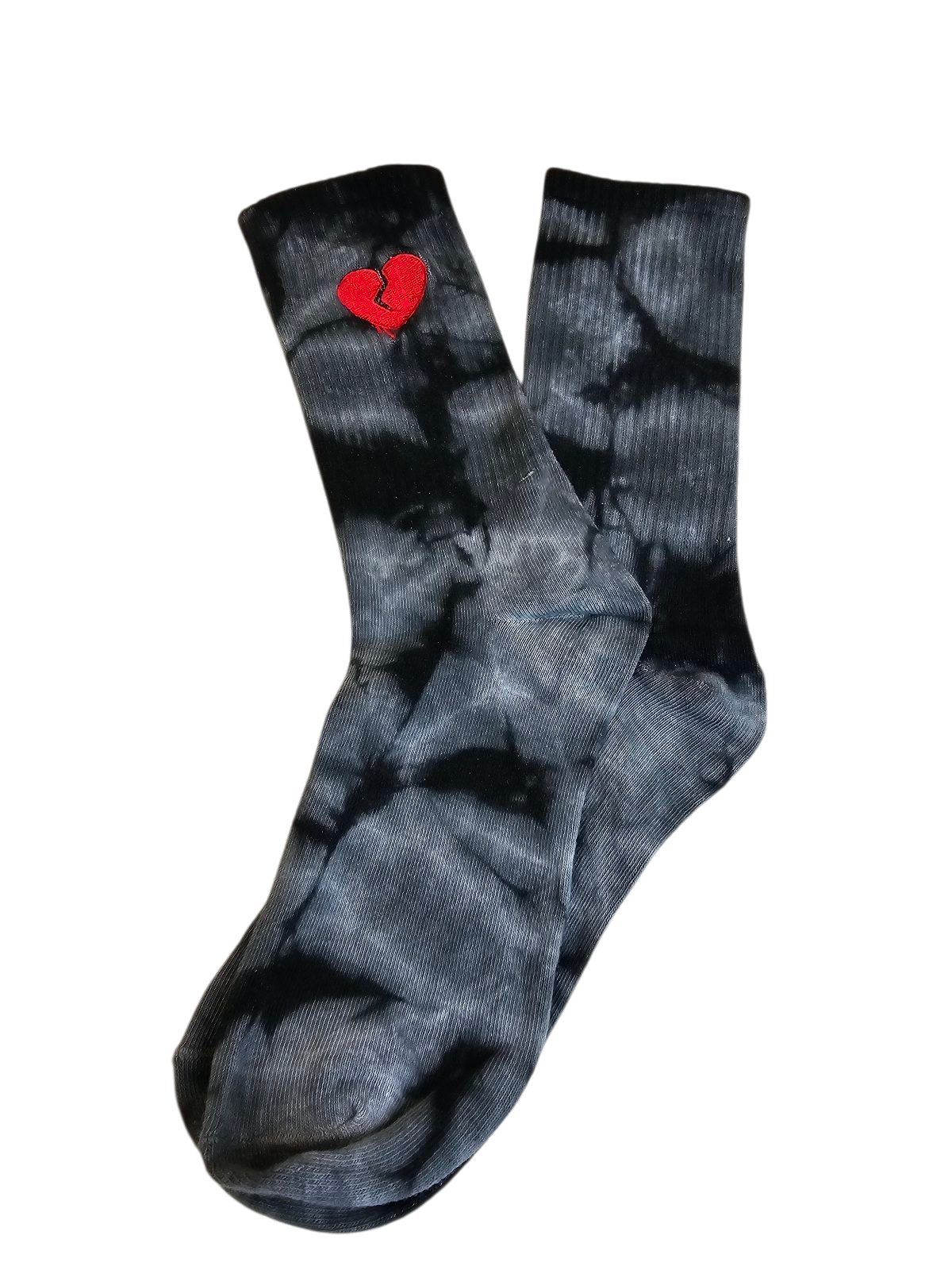 Black and gray tie-dye socks with a red heart embroidered logo on a white background