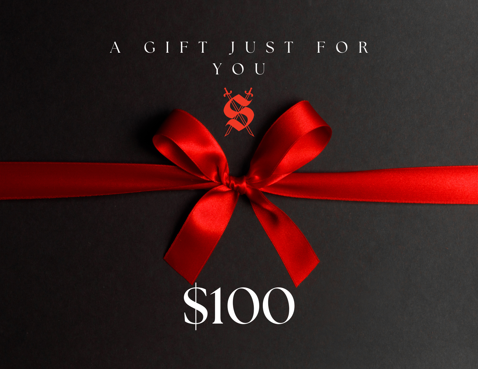 A red ribbon gift card with a silver embossed logo and text that reads 'A Gift Just For You' from Silva Espadas, denomination $100.