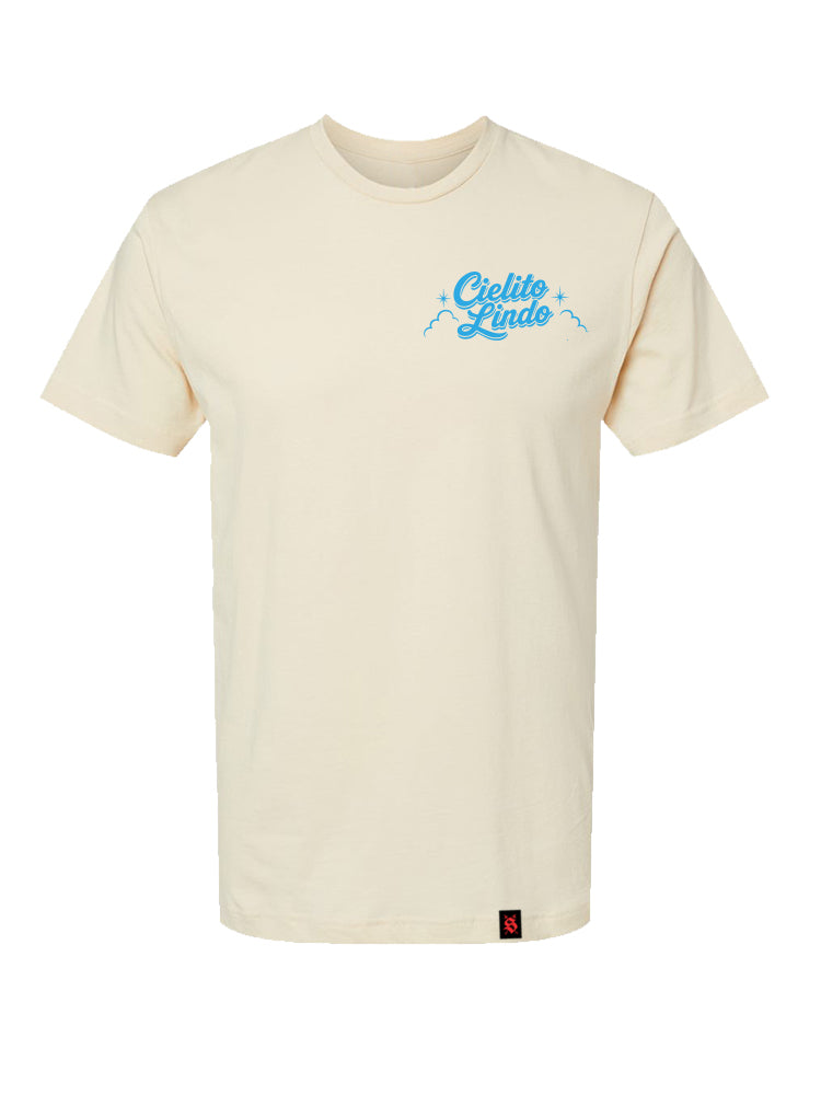 Beige t-shirt with blue text on a white background
