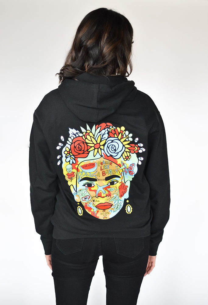 Model wearing Frida Hoodie – unisex Mexican-inspired streetwear by Silva Espadas