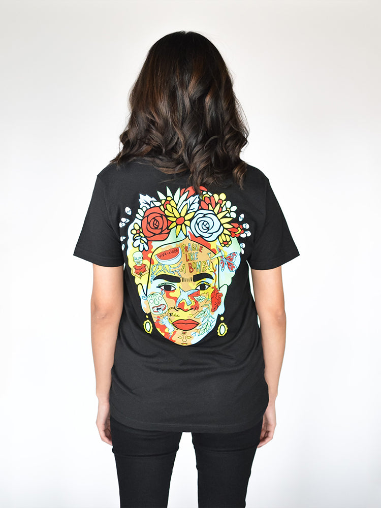 Model wearing Frida Tee – unisex Mexican-inspired streetwear by Silva Espadas