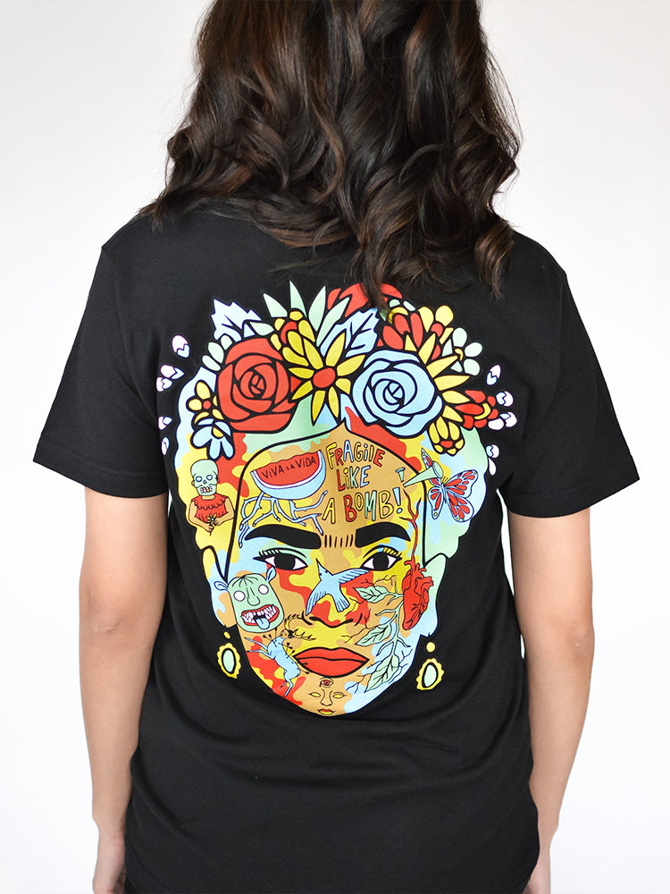 Frida Kahlo face collage made from her famous paintings on the back of Silva Espadas Frida Tee
