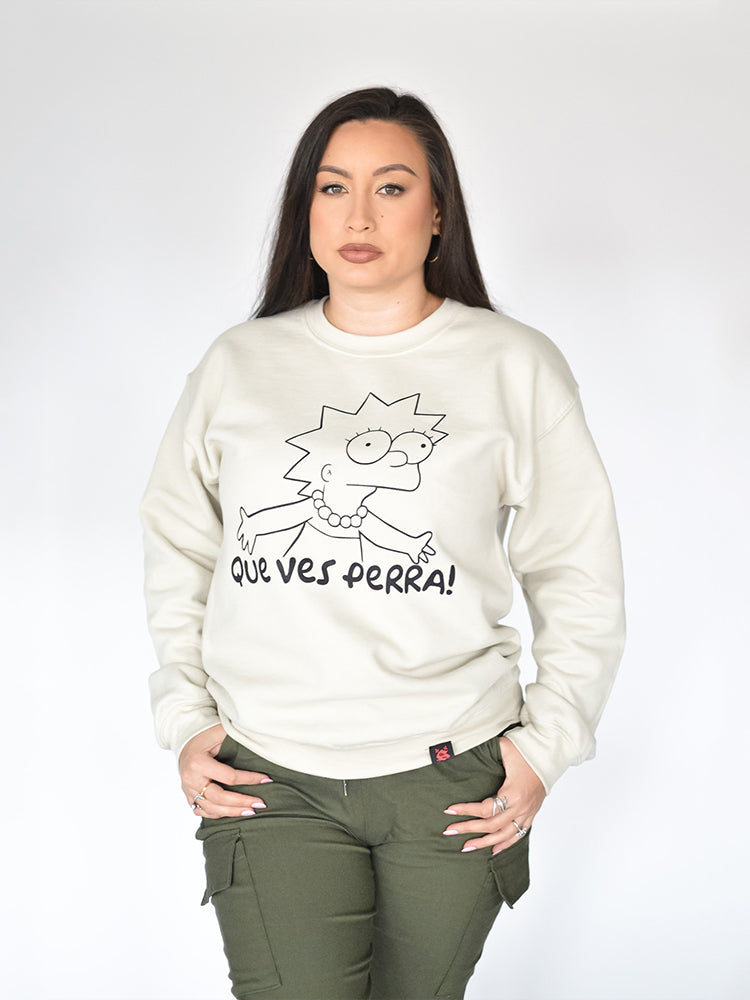 Model wearing Que Ves Perra Crewneck – unisex Mexican-inspired streetwear by Silva Espadas