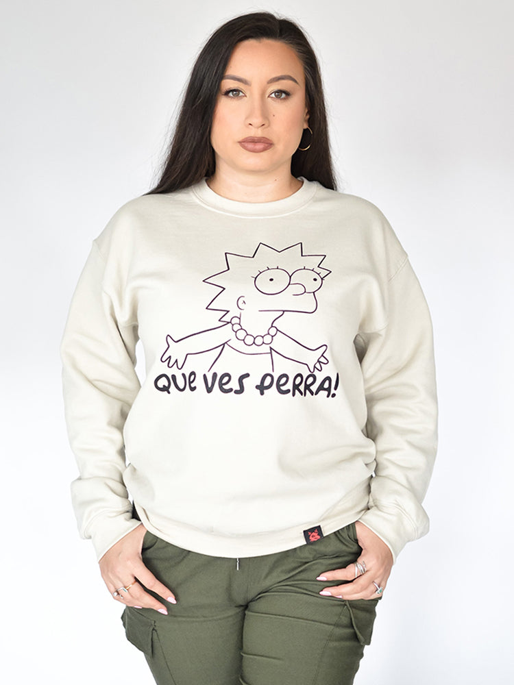Model wearing Que Ves Perra Crewneck – unisex Mexican-inspired streetwear by Silva Espadas