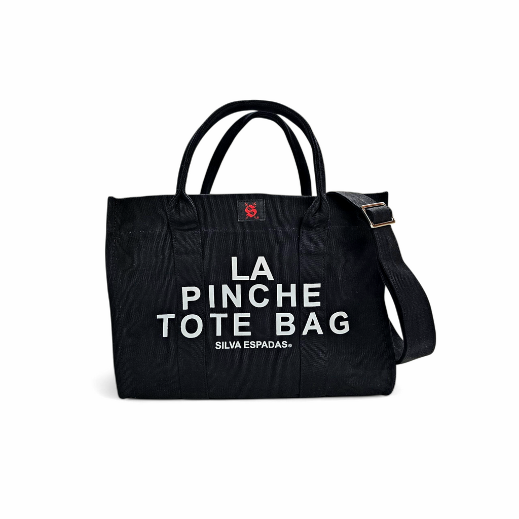 Black tote bag with white text on a white background