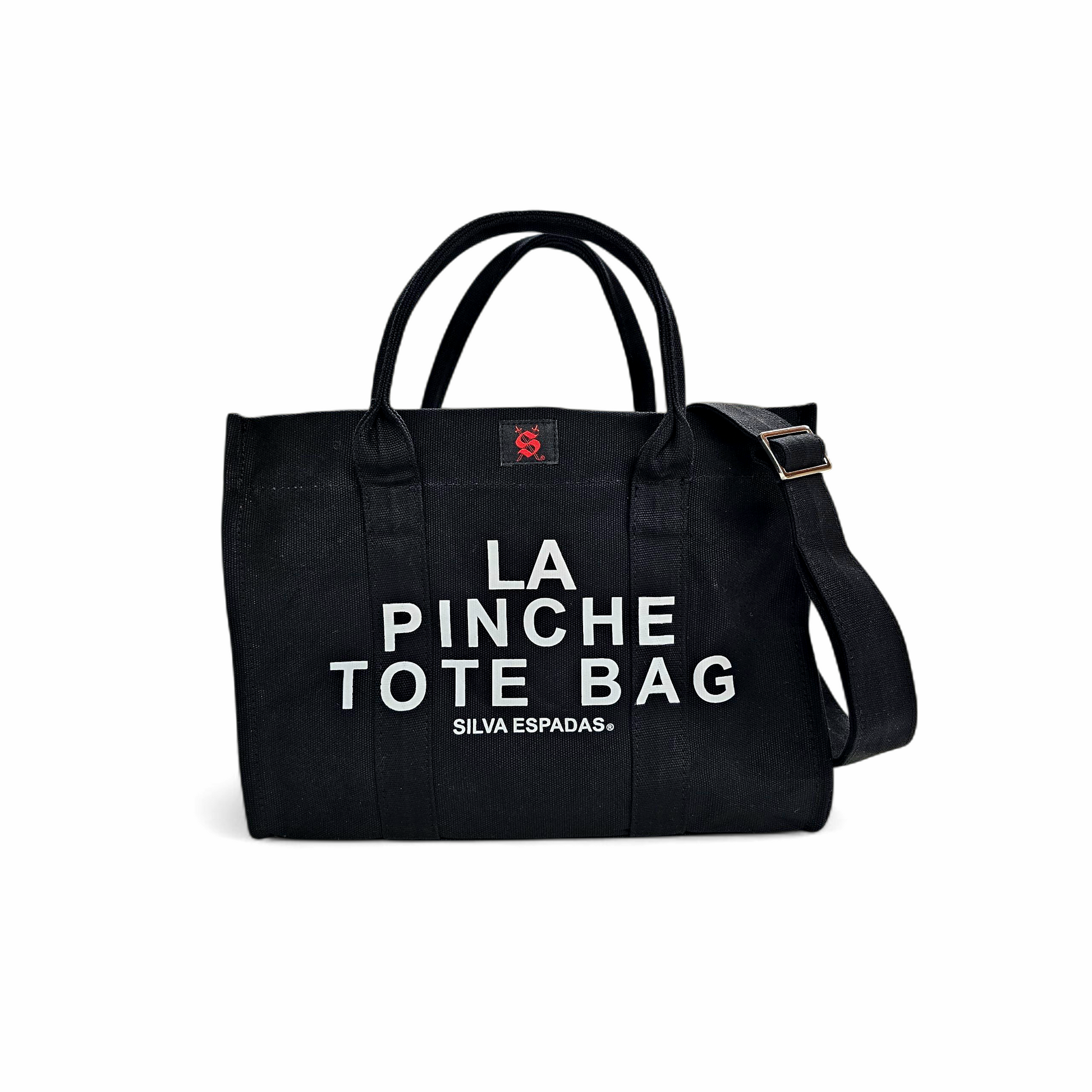 Black tote bag with white text on a white background