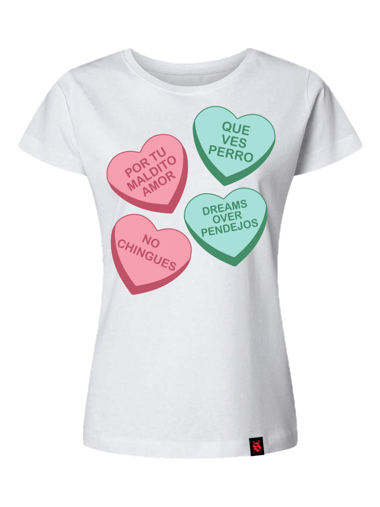 Women's white t-shirt with 'Maldito Amor' candy hearts custom graphic print screen printed on the front.
