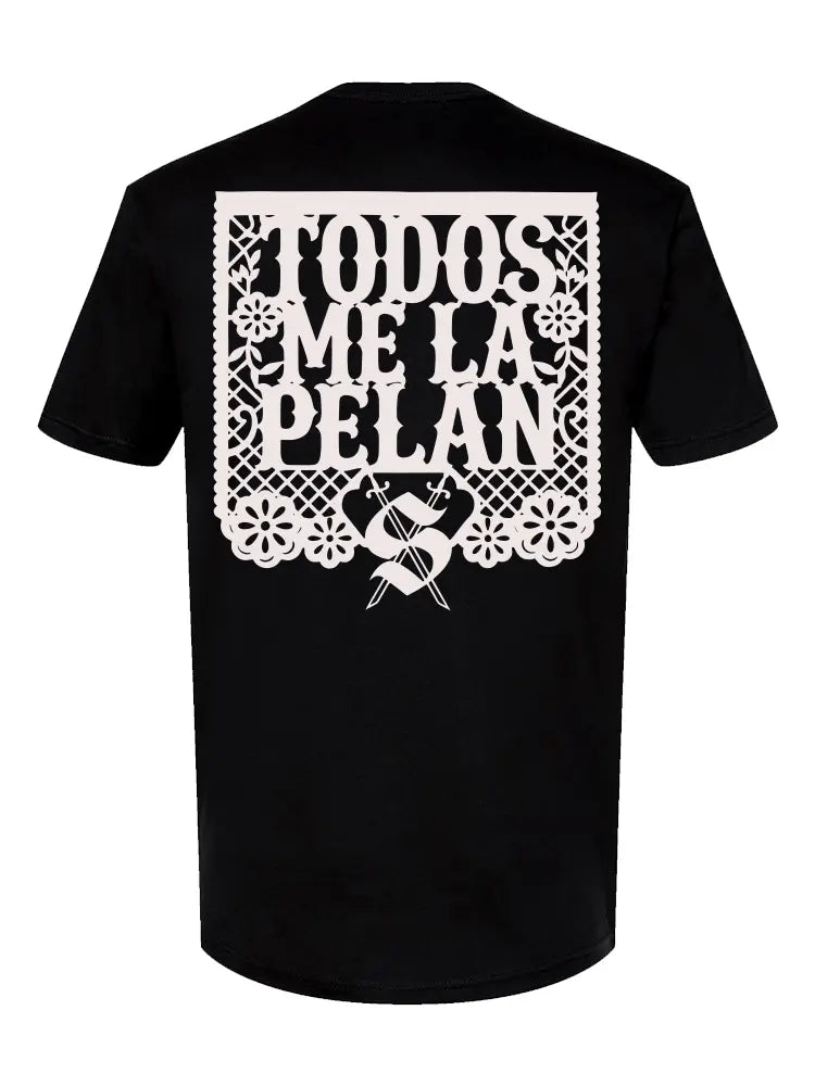 Black t-shirt with white text and design on the back