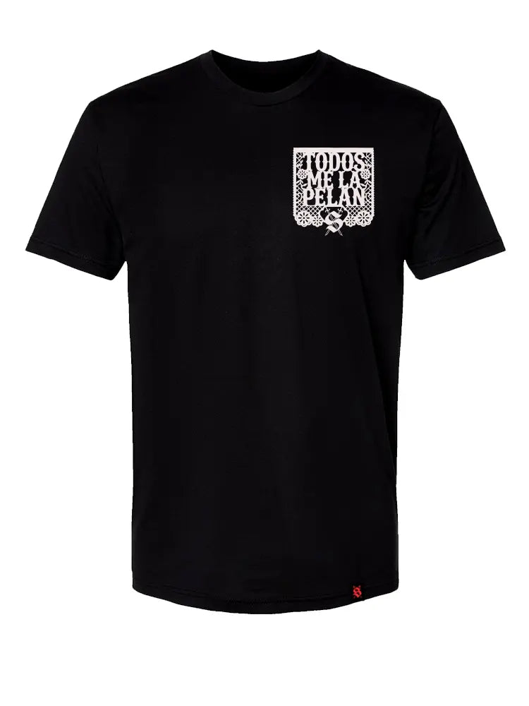 Black t-shirt with white  Todos Me La Pelan graphic design on a white background