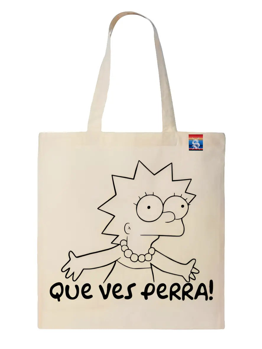 Tote bag with a cartoon character and text on a white background