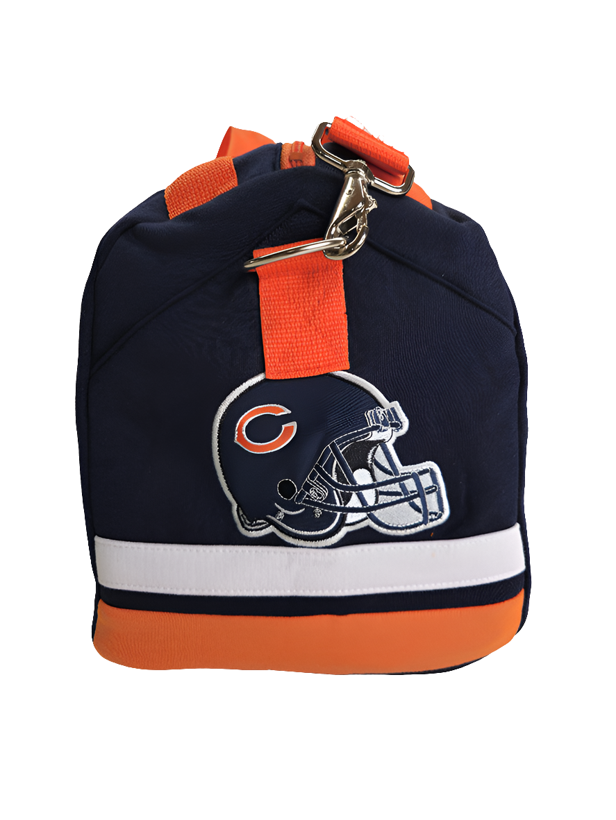 A navy and orange handmade duffle bag with a Chicago Bears logo 