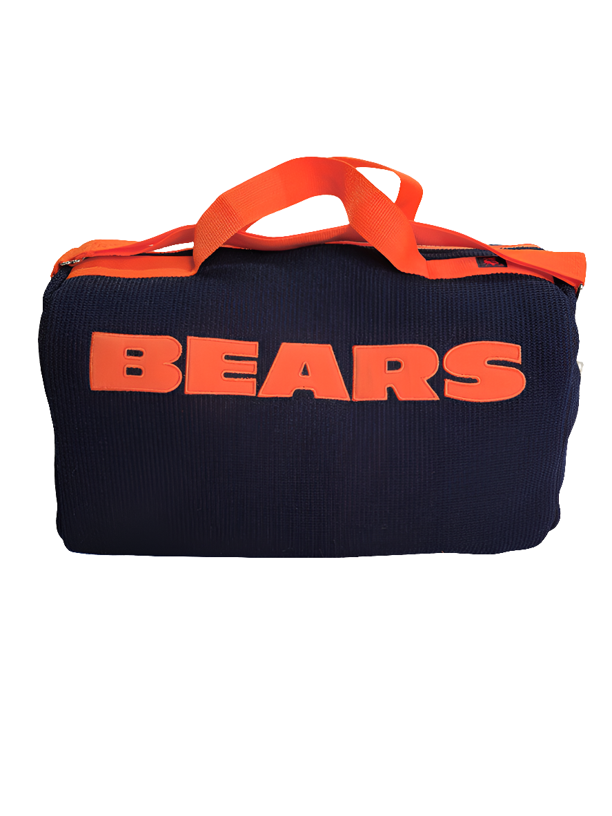 A navy blue handmade Chicago Bears duffle bag with orange straps
