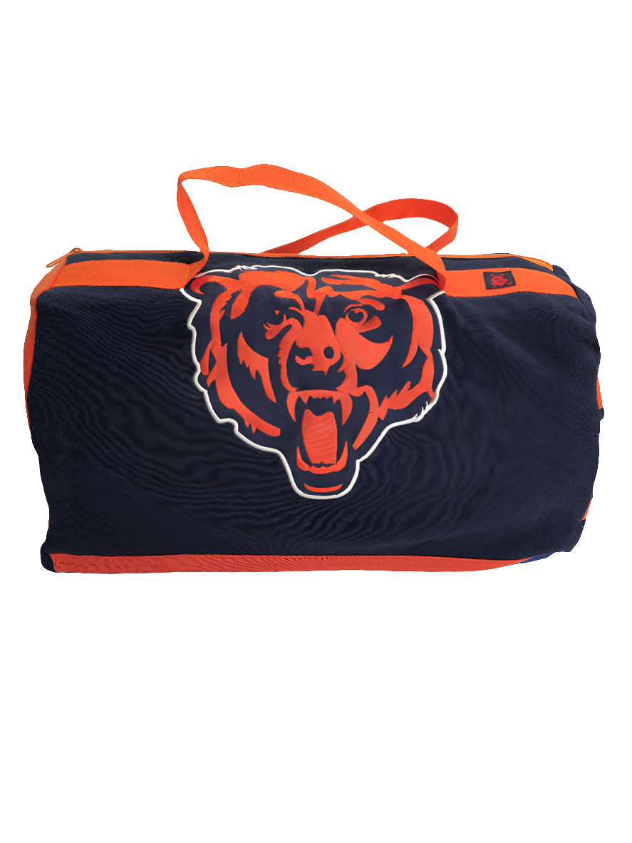 A navy and orange handmade duffle bag of Chicago Bears logo with orange straps