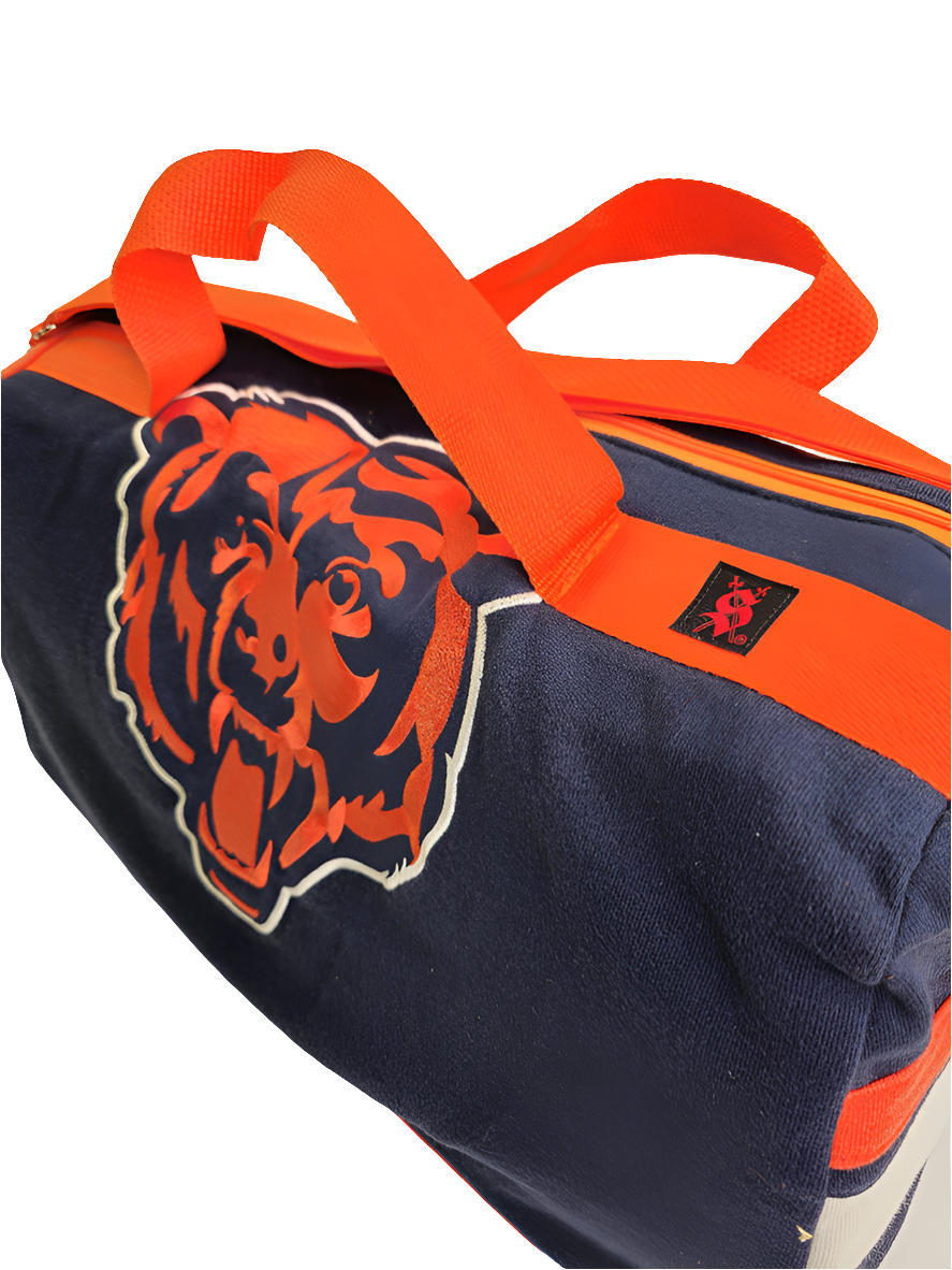 A navy and orange handmade duffle bag of Chicago Bears logo with orange straps