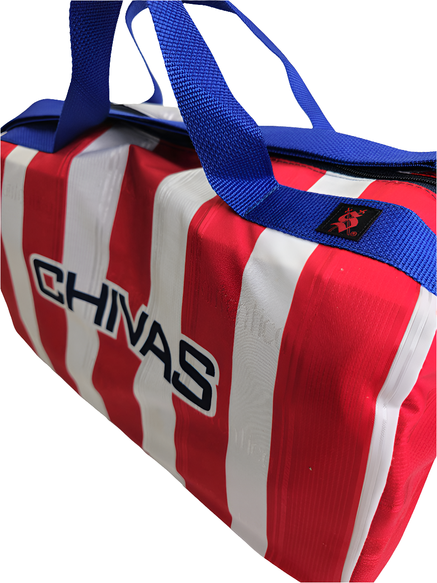 A custom handmade duffle bag made from a Chivas jersey and heavyweight canvas, red and white stripes, and the Chivas logo.