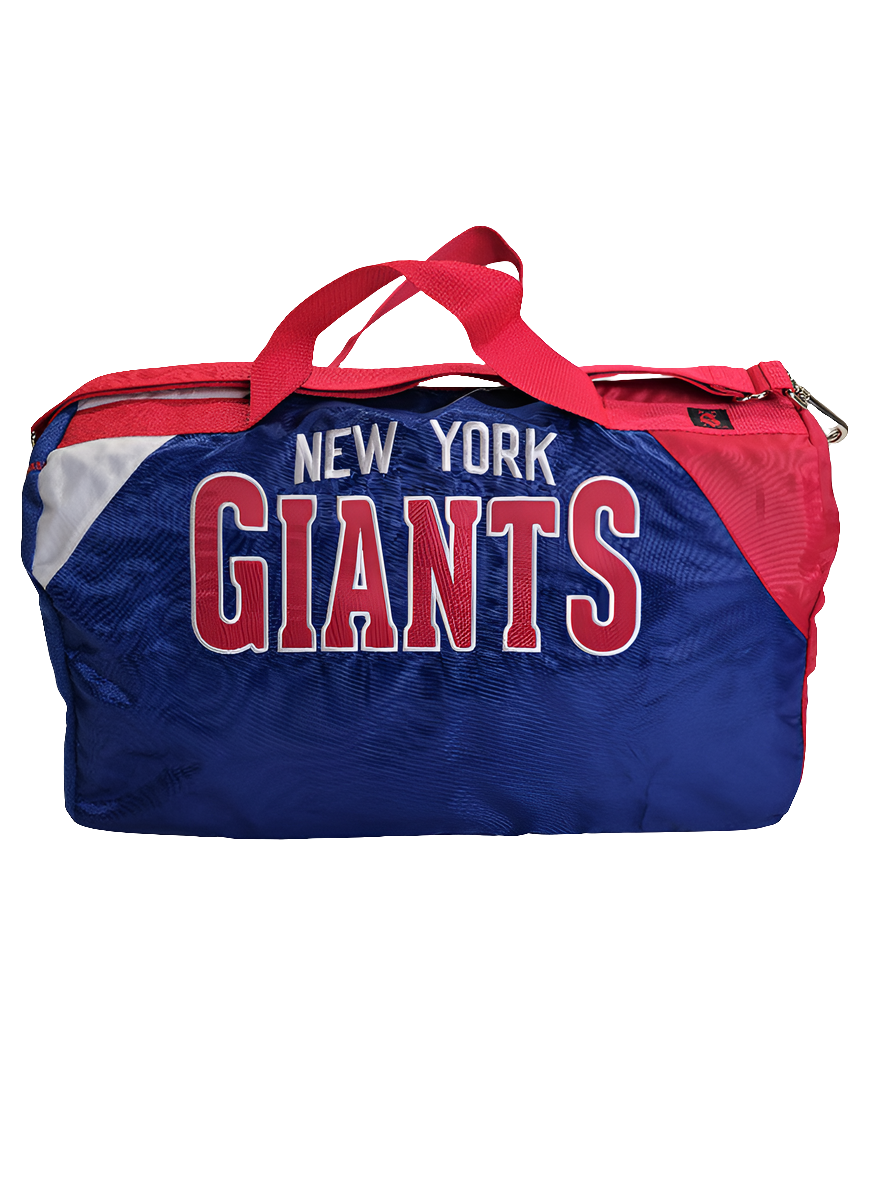 A custom handmade duffle bag made from a NY Giants Starter jacket and heavy canvas, predominantly blue with red and white accents and the NY Giants logo.