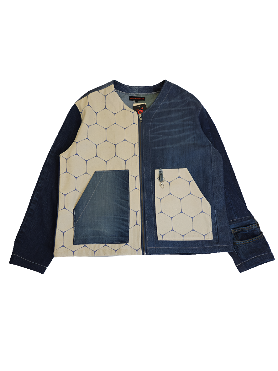 Handmade denim honeycomb jacket repurposed from upcycled jeans