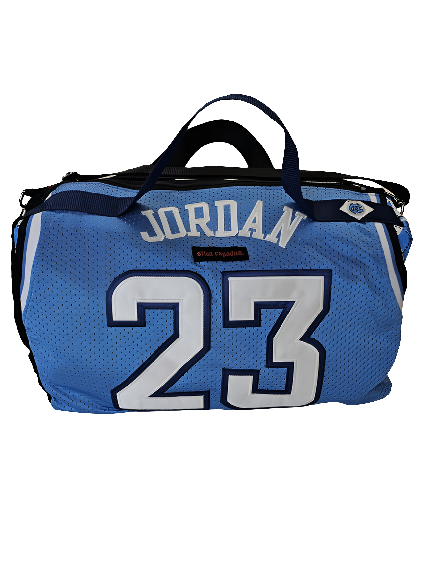 A handmade duffle bag of a Jordan North Carolina jersey