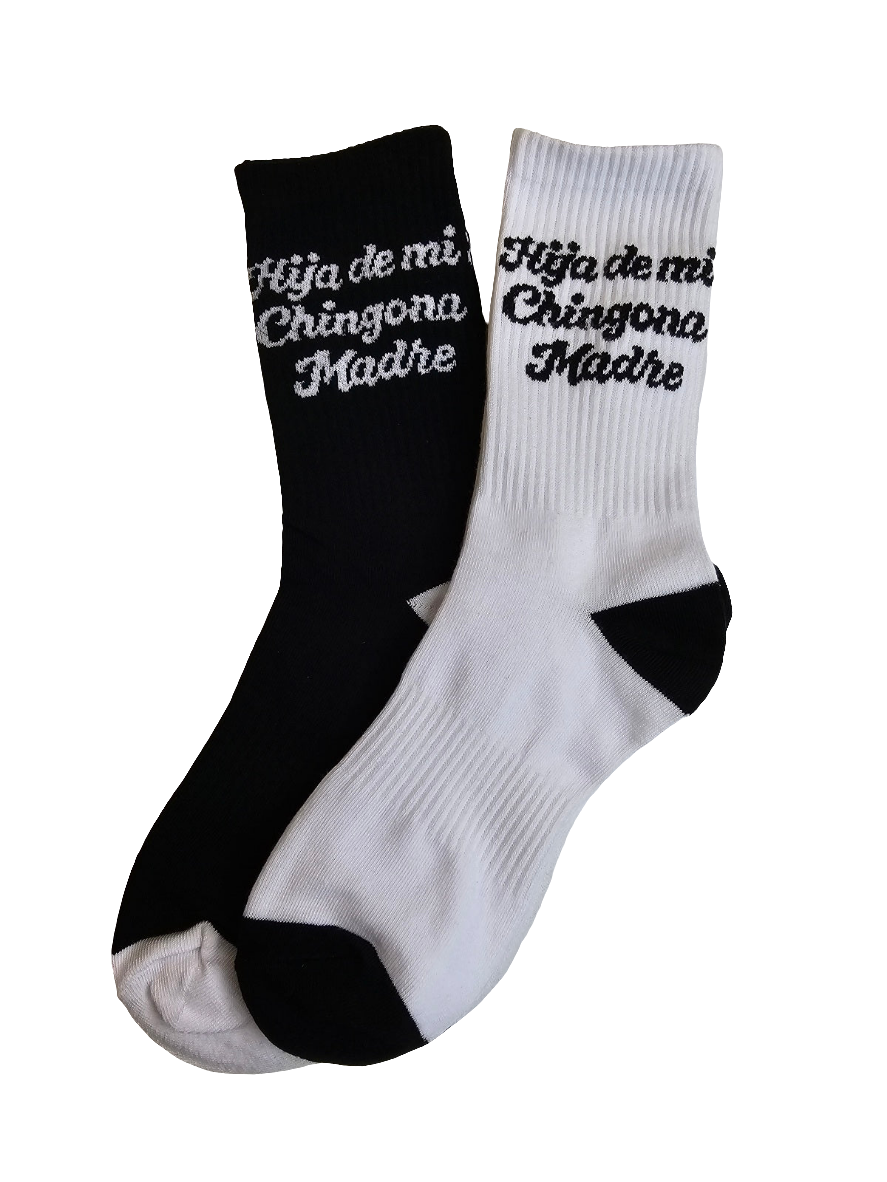 Detailed view of Hija De Mi Chingona Madre knit design on Silva Espadas crew socks
