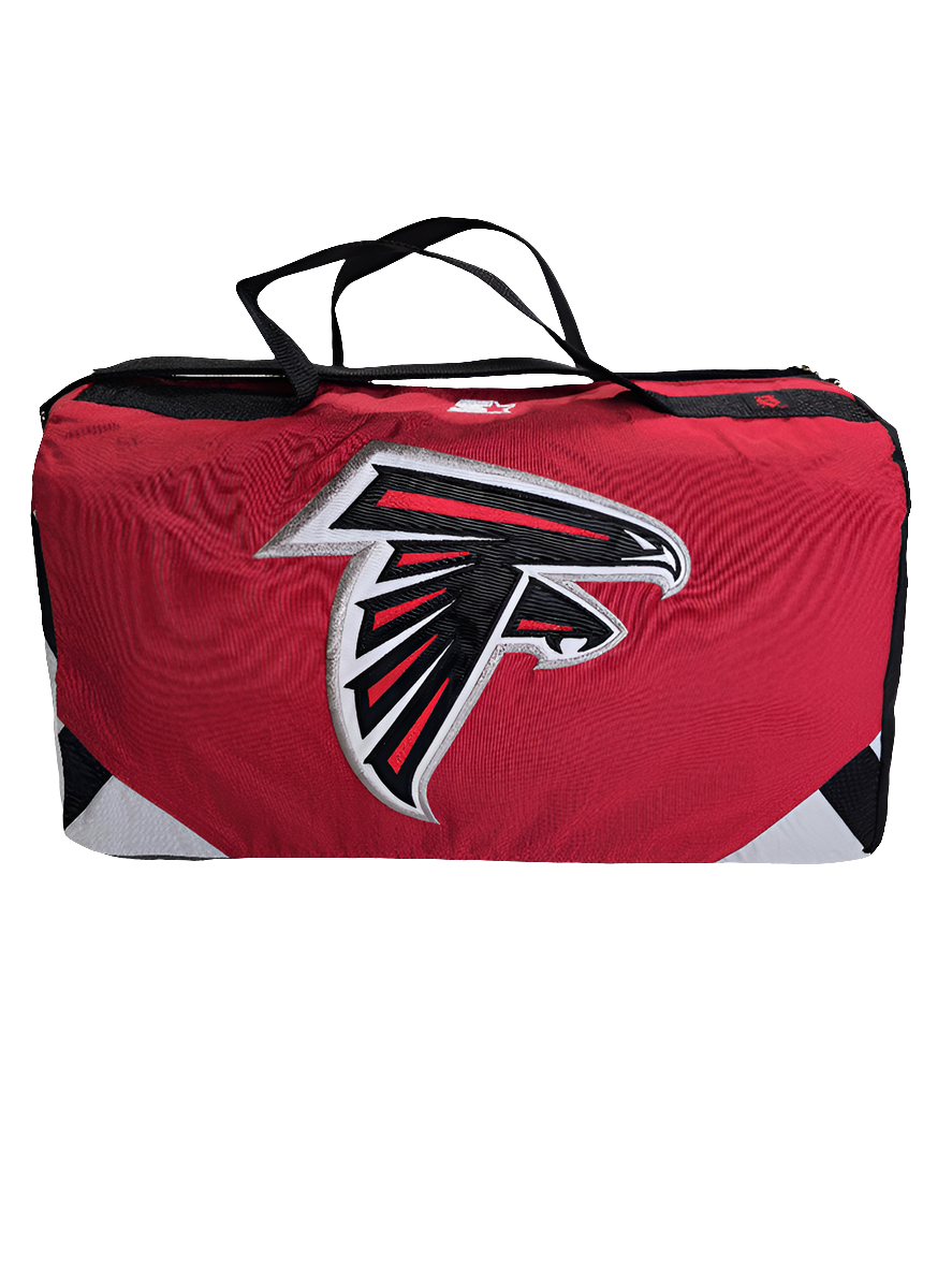 A red and black handmade duffle bag with the Atlanta Falcons logo and starter jacket hoodie design.