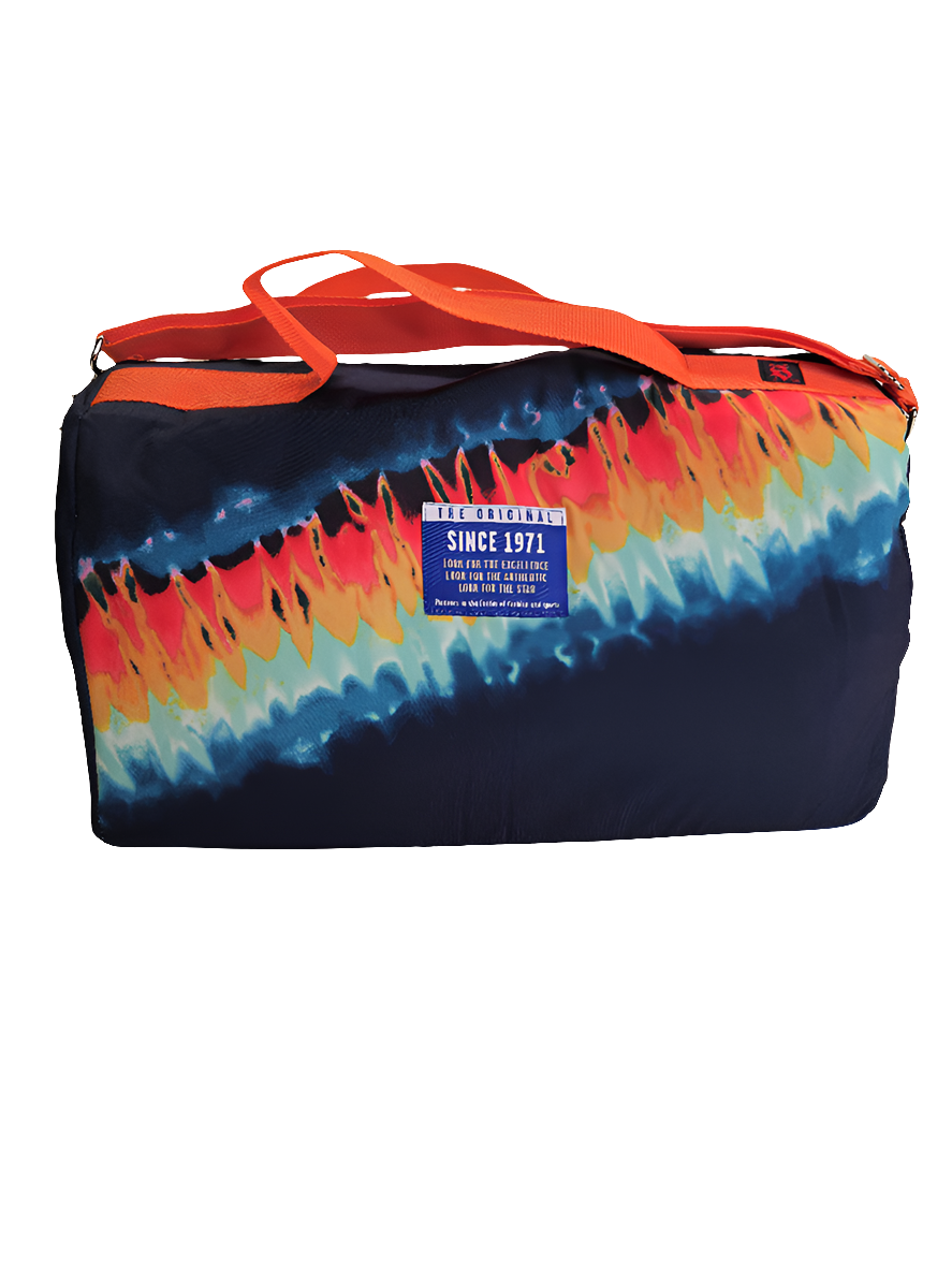 A multicolored handmade duffle bag with Detroit Tigers branding and an orange strap.