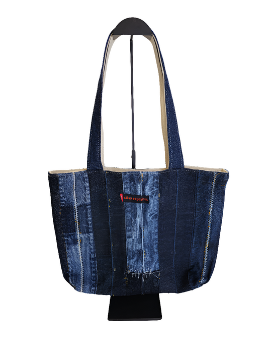 Denim Stripe Patchwork Tote Bag