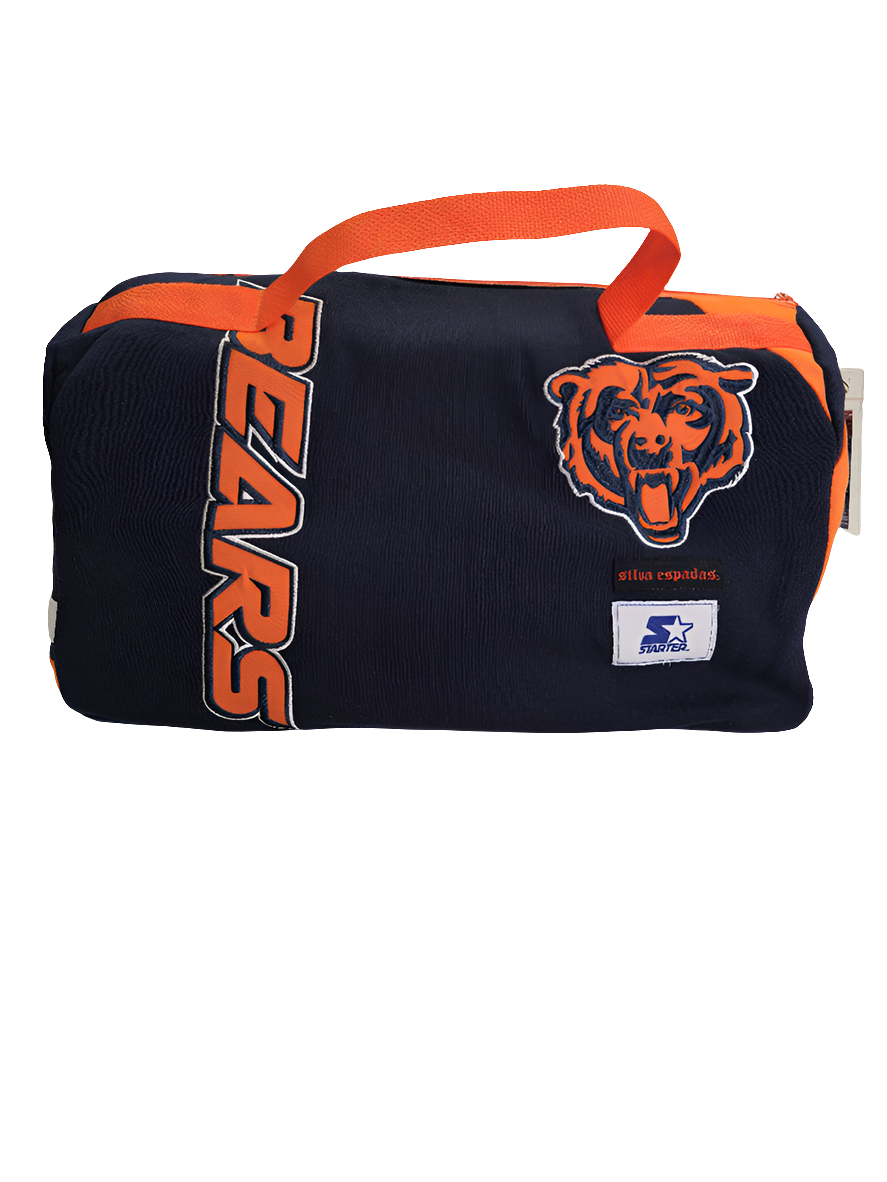 A navy and orange handmade duffle bag with a Chicago Bears logo and 'Made in USA' text.