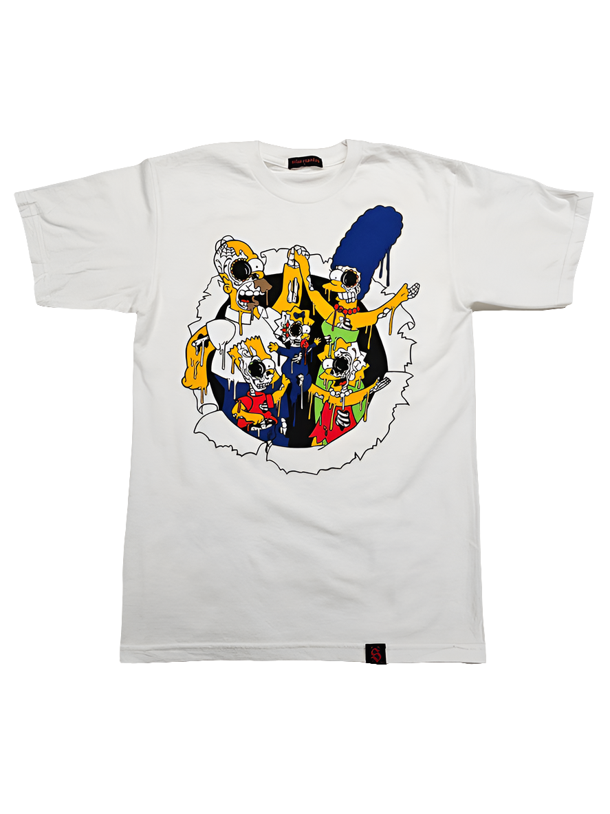 White t-shirt of the simpsons characters in Day of the Dead skull theme screen printed on the front