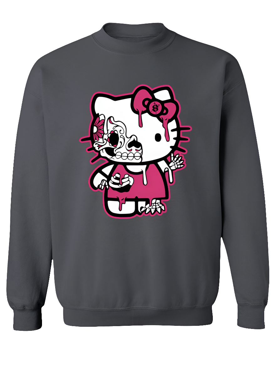 A gray crewneck sweater with a graphic of Hello Kitty styled with Day of the Dead elements.