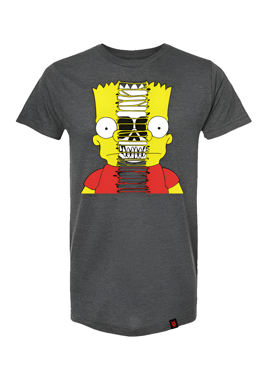 A gray t-shirt featuring a screen printed design of Bart Simpson with a skull face on the front.