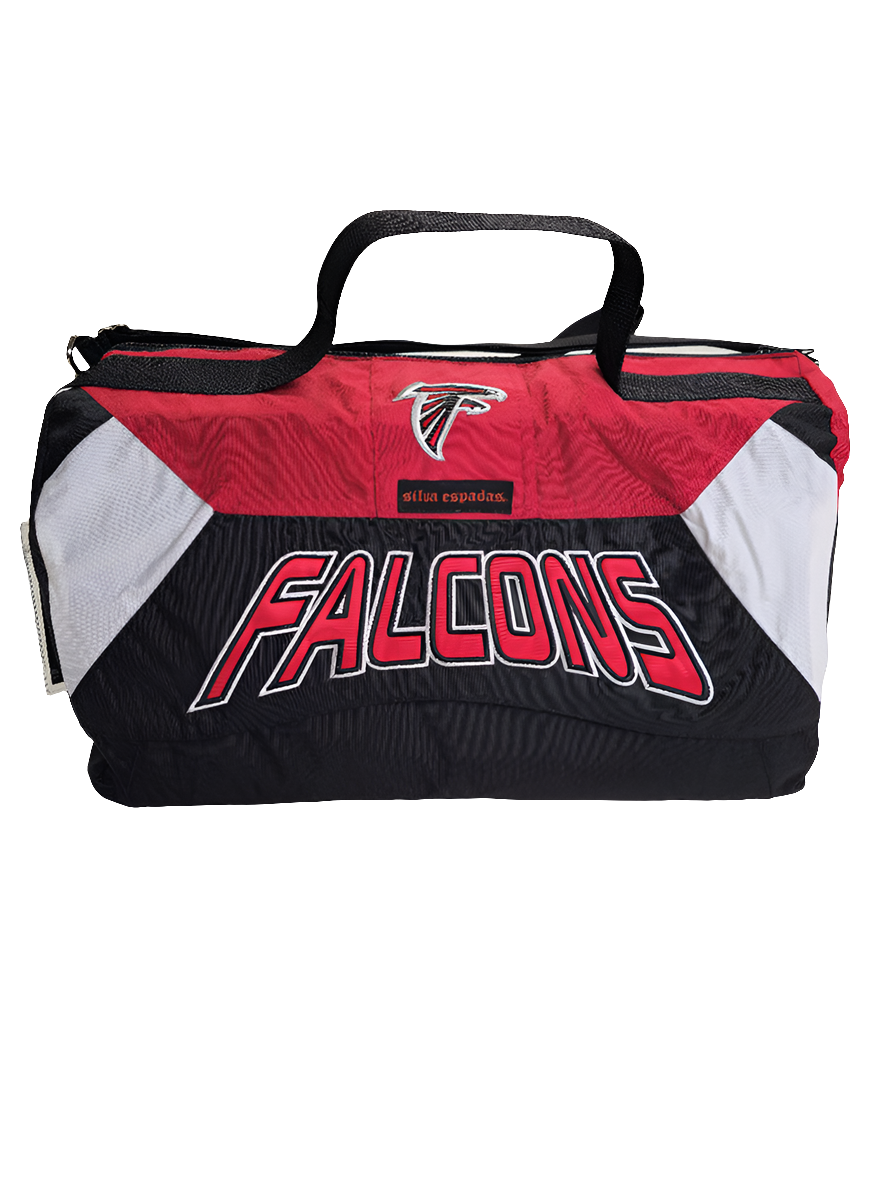 A red and black handmade duffle bag with the Atlanta Falcons logo and starter jacket hoodie design.