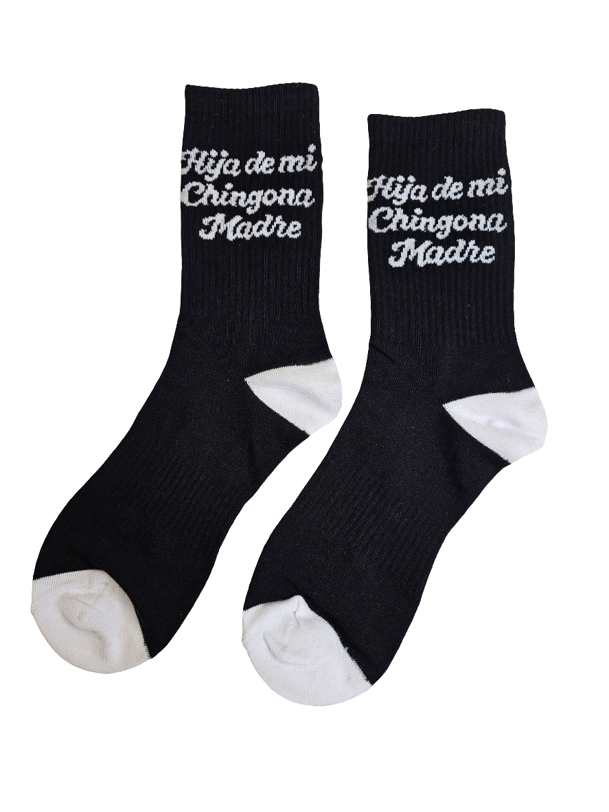Hija De Mi Chingona Madre Socks by Silva Espadas – Latino streetwear crew socks with bold knit artwork