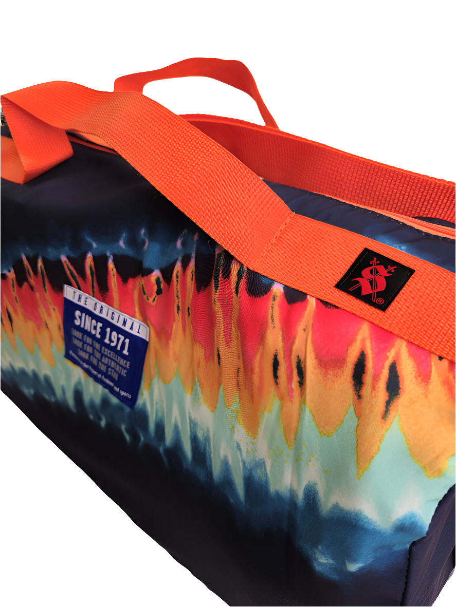 A multicolored handmade duffle bag with Detroit Tigers branding and an orange strap.