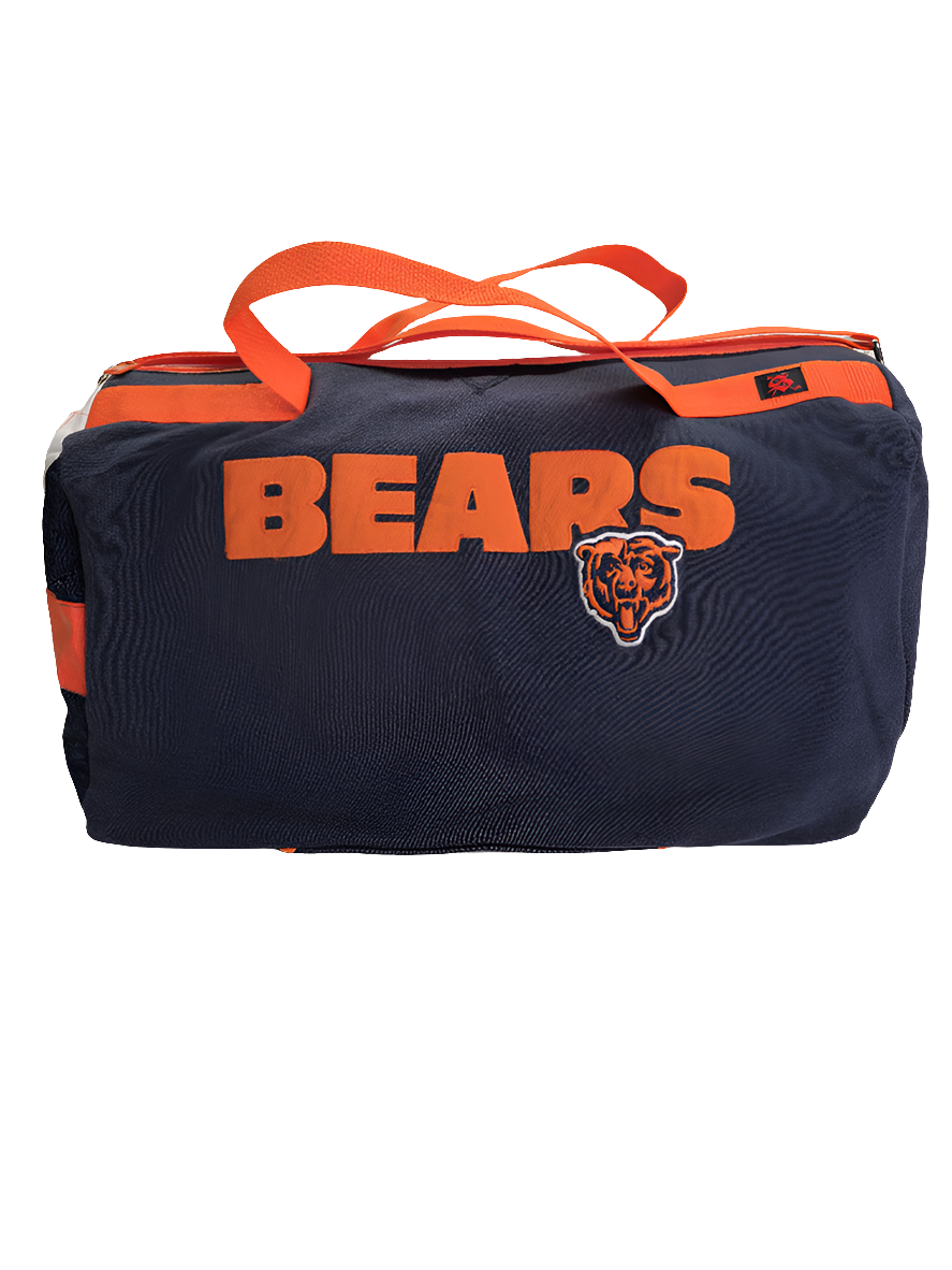 A custom handmade duffle bag made from a Chicago Bears jacket and heavy canvas, predominantly blue withorange accents and the Chiago Bears logo.