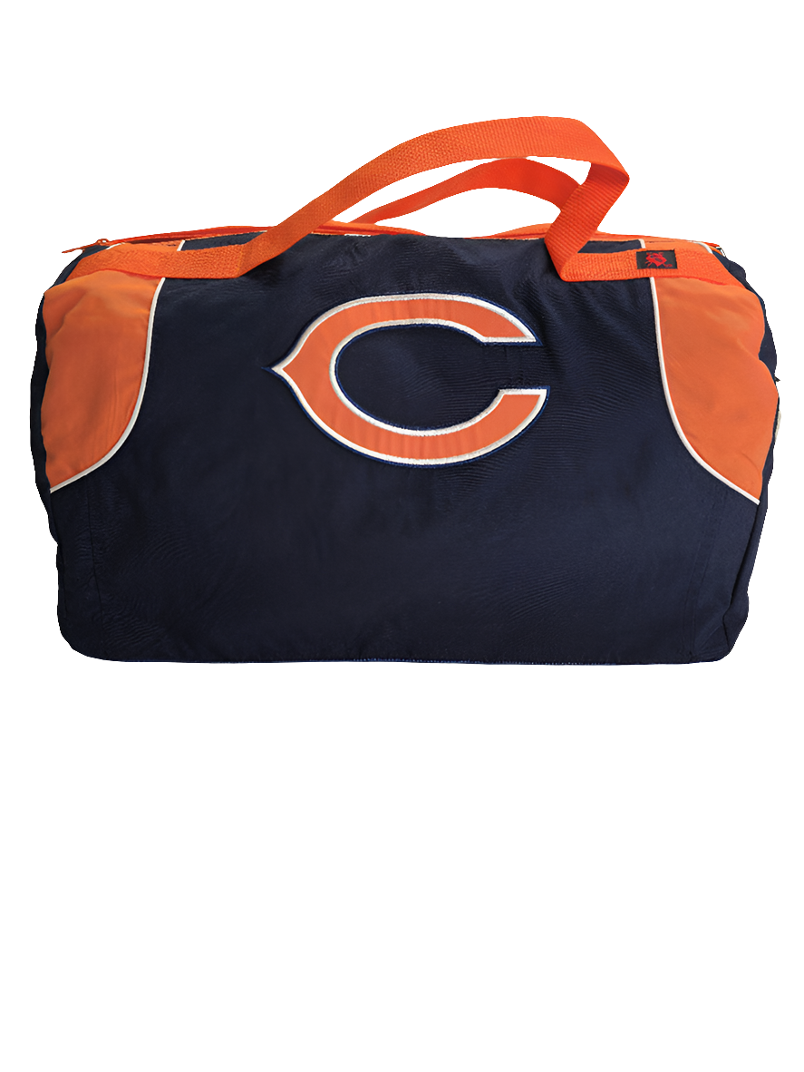 A custom handmade duffle bag made from a Chicago Bears jacket and heavy canvas, predominantly blue with orange accents and the Bears C logo.