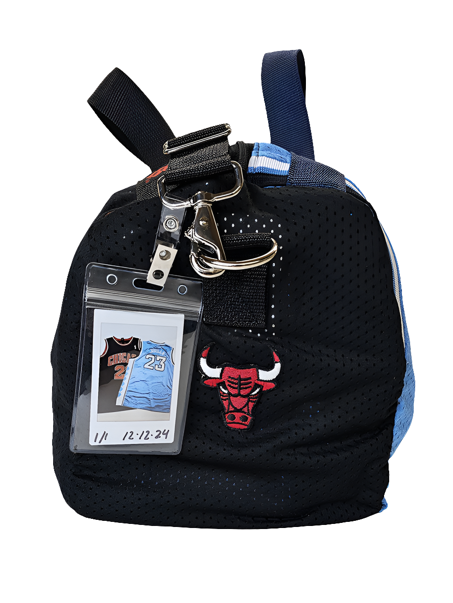 A handmade duffle bag of a Jordan North Carolina and Bulls jersey