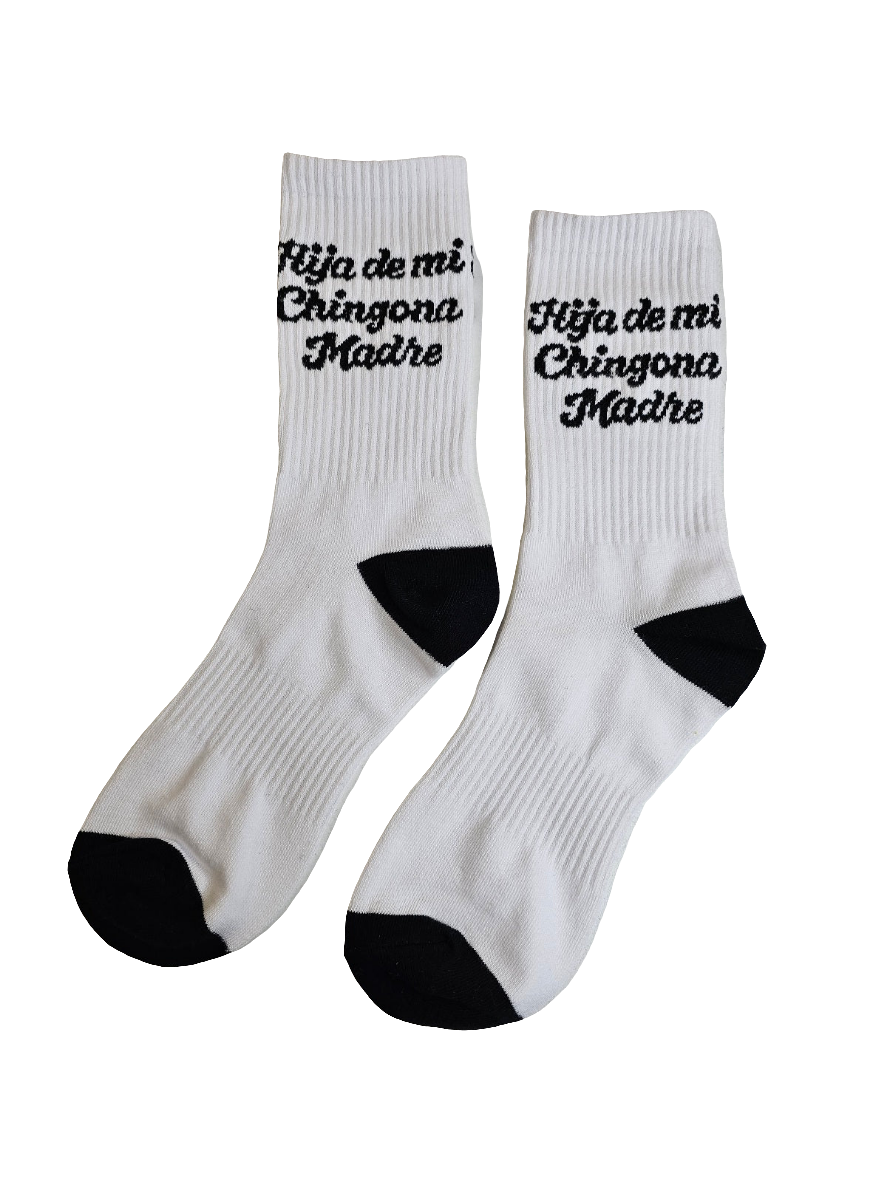 Hija De Mi Chingona Madre Socks by Silva Espadas – Latino streetwear crew socks with bold knit artwork