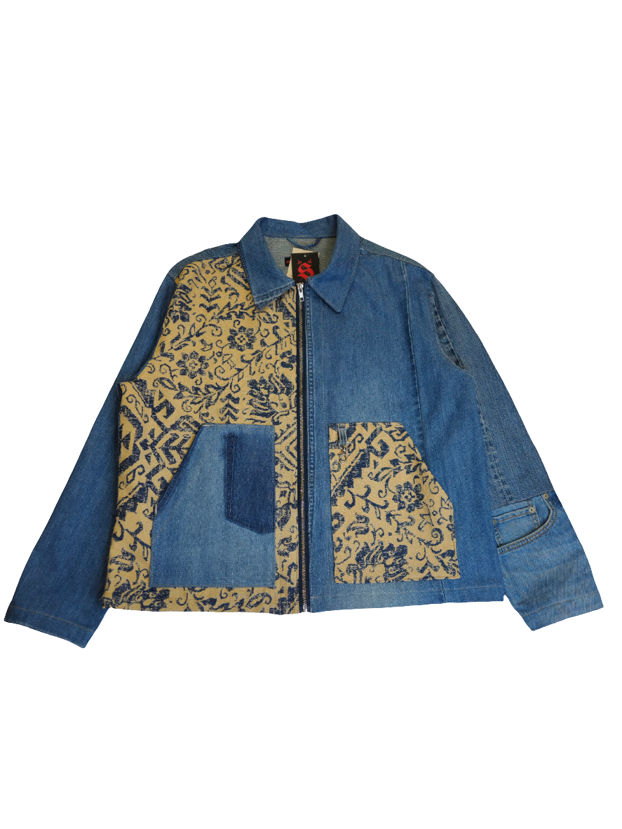 A denim floral jacket repurposed from upcylced jeans
