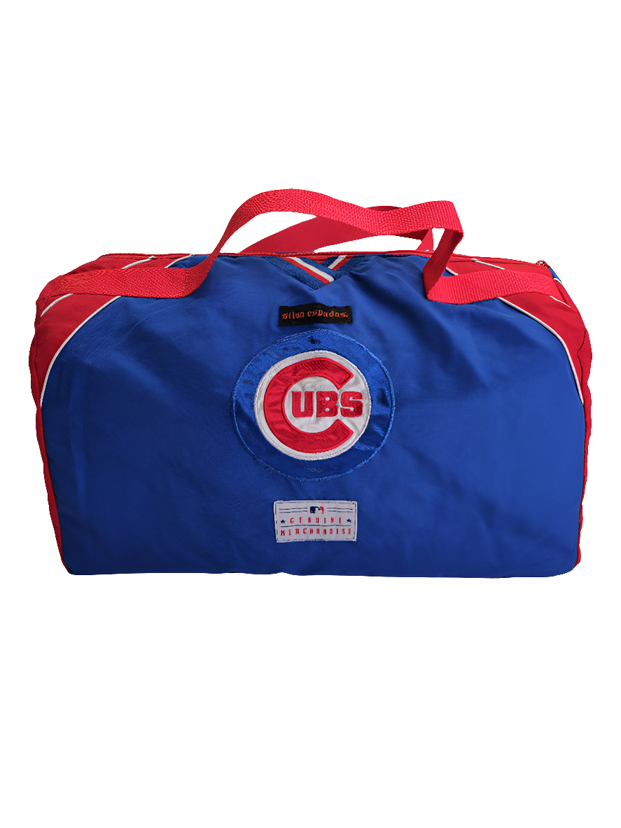 A custom handmade duffle bag made from a Chiago Cubs Genuine Merchendise jacket and heavy canvas, predominantly blue with red and white accents and the Cubs logo.