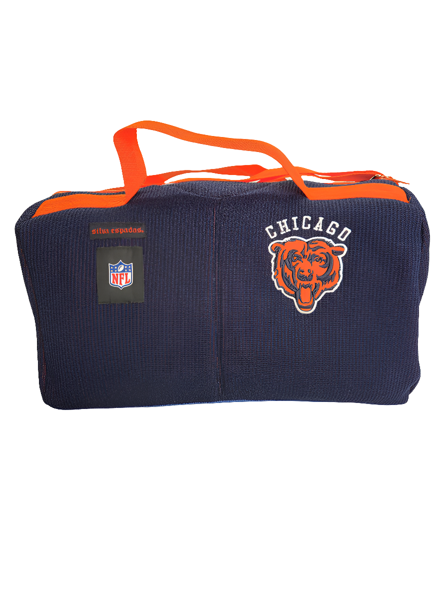 A navy blue handmade Chicago Bears duffle bag with the NFL logo and orange straps