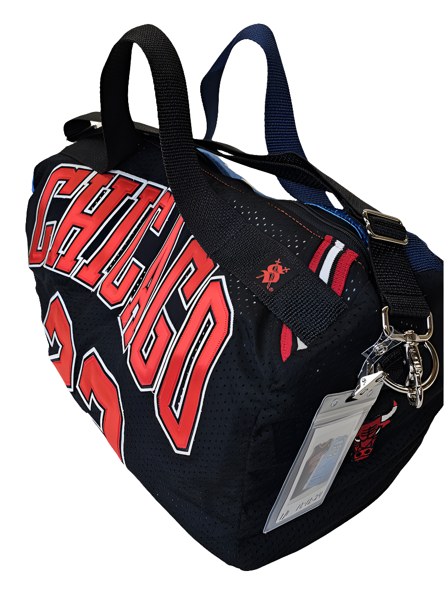 A handmade duffle bag of a Jordan Bulls jersey