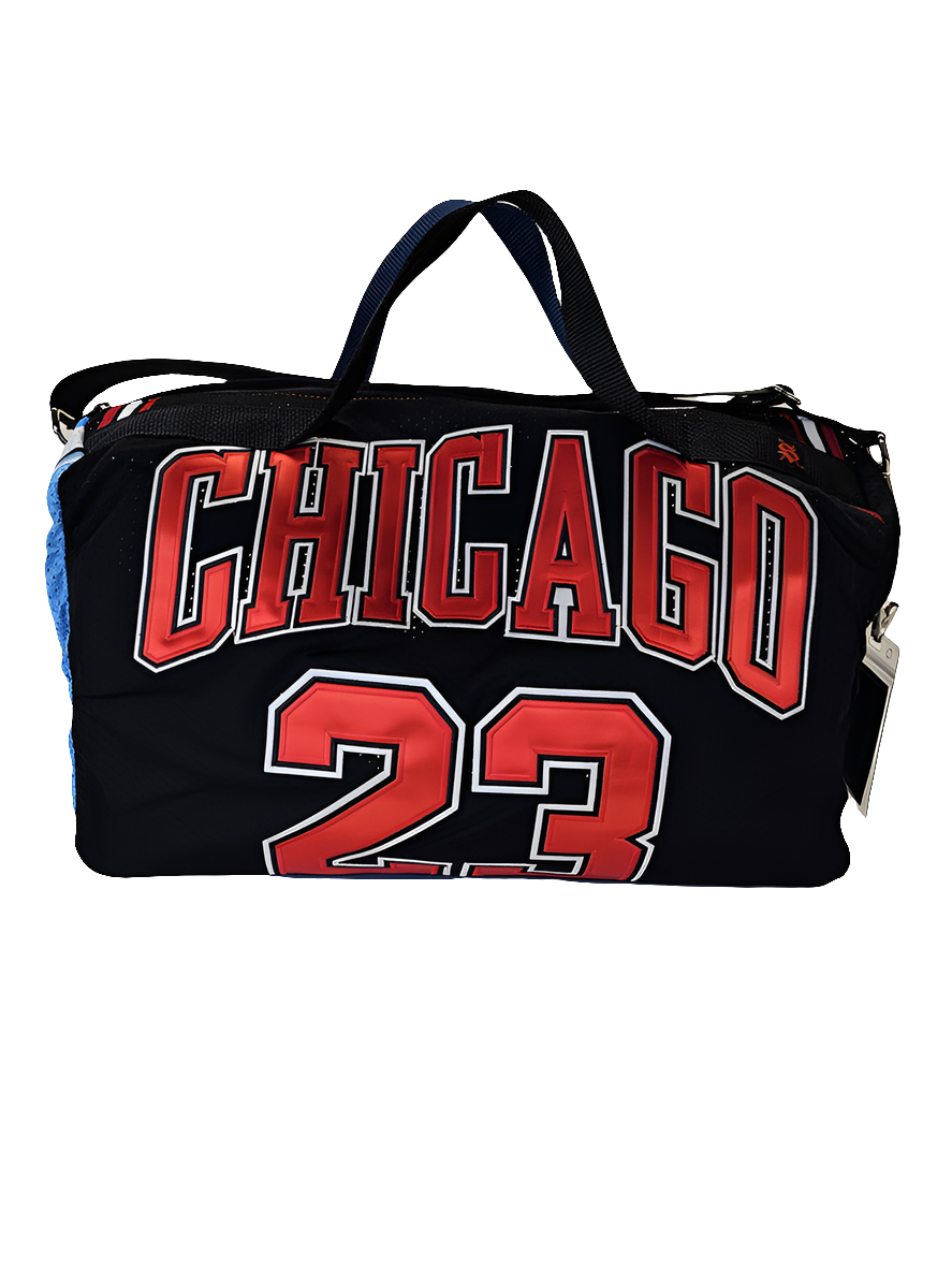 A handmade duffle bag of a Jordan Chicago Bulls jersey