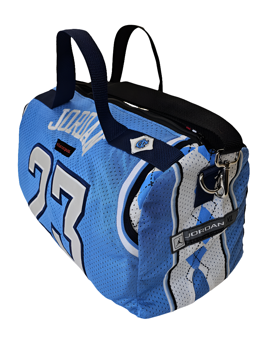 A handmade duffle bag of a Jordan North Carolina jersey
