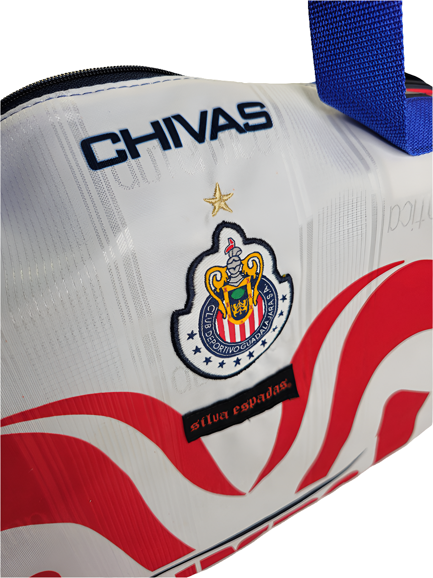 A custom handcrafted duffle bag made from a Chivas de Guadalajara jersey and heavy canvas, predominantly white with red accents and the Chivas logo.