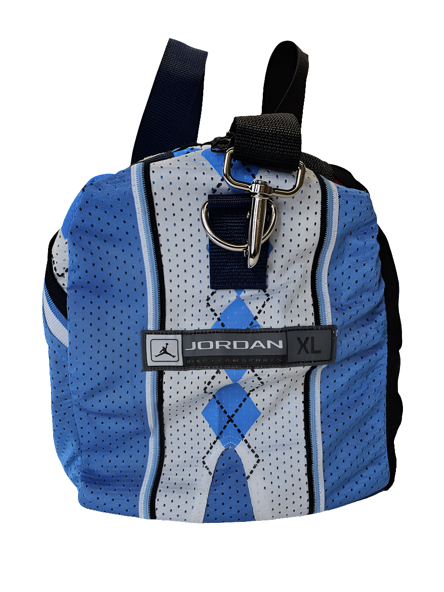 A handmade duffle bag of a Jordan North Carolina jersey