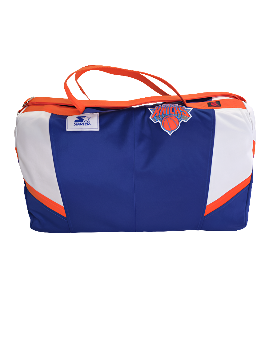 A custom handmade duffle bag made from a NY Knicks Starter jacket in  blue with orange accents and the Knicks and Starter brand logo